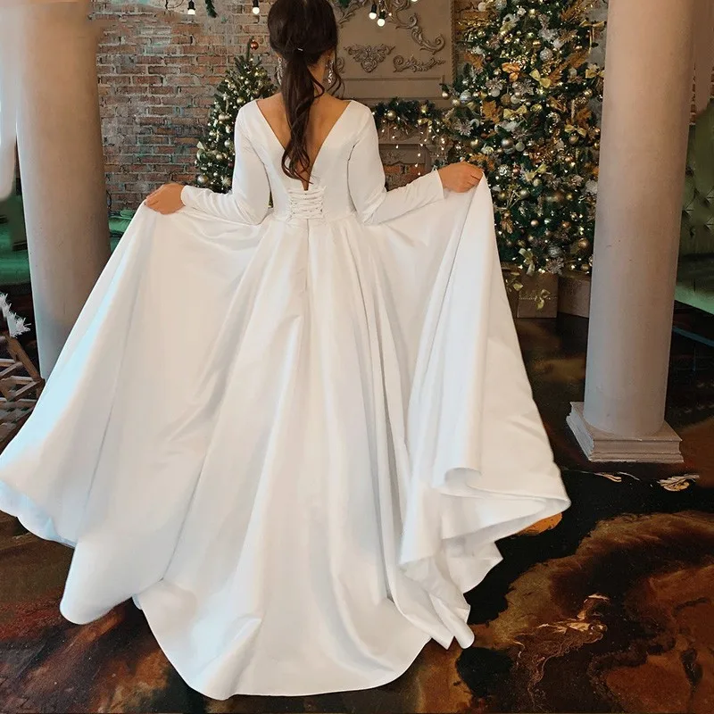 Robe De mariée blanche en Satin, manches longues, col rond, pour femmes, longueur au sol, élégante, 2023