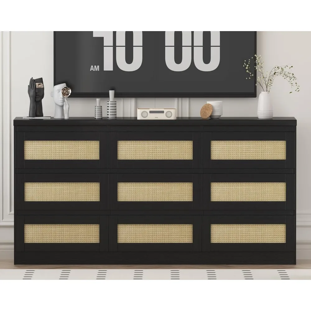 

Dresser for Bedroom, Rattan 9 Drawer Dresser for Closet, Double Wood Dressers and Chest of Drawers for Nightstands, TV Stands