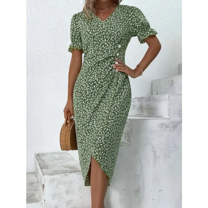 

Spring Summer 2024 New Dress Women's Sexy Printed Button V-neck Short Sleeve Dress Women Fashion with Side-Slit Irregular Dress