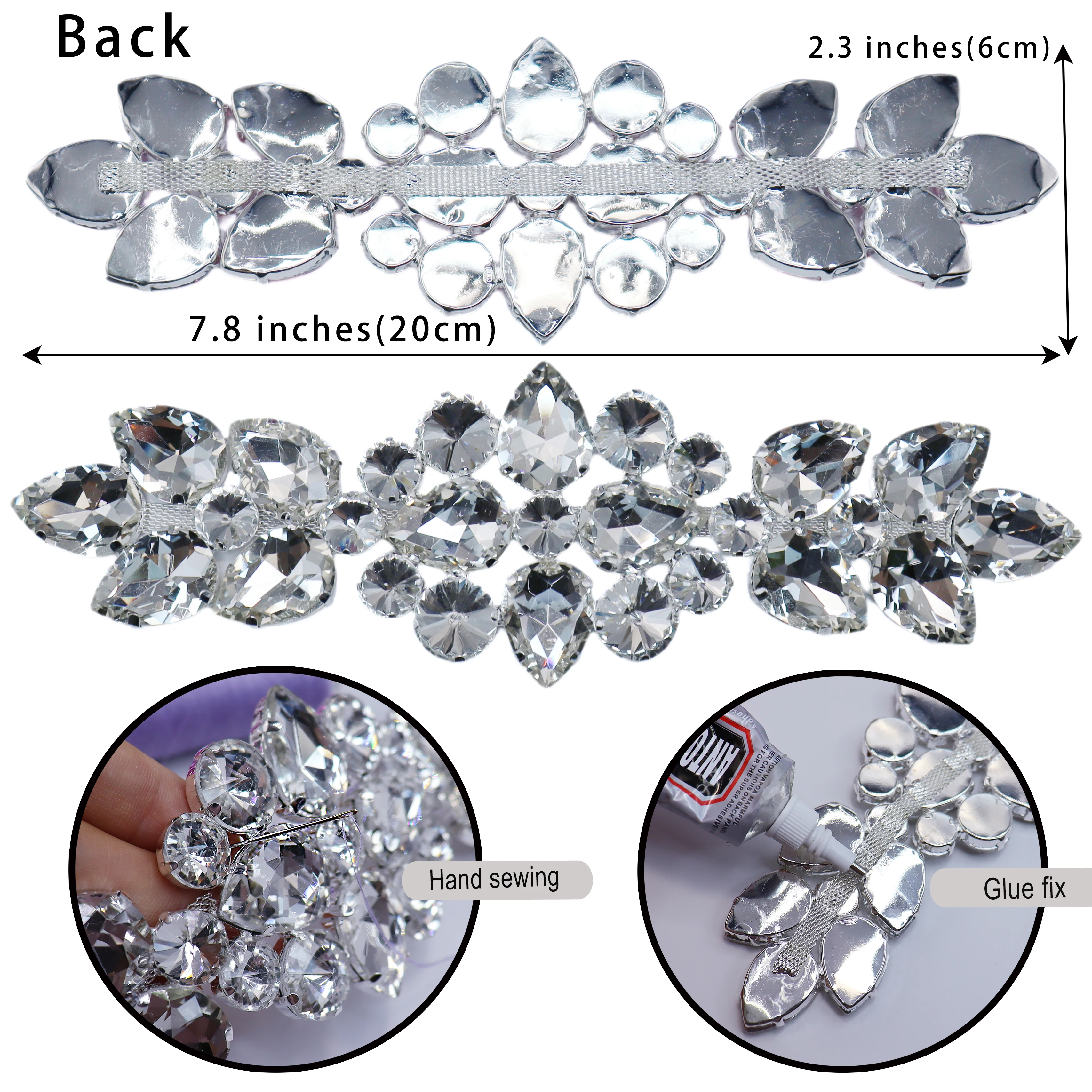 Large Teardrop-Shaped Rhinestone Applique Silver Sew On Patches Crystal Applique Sequin for Bridal Wedding Clothing