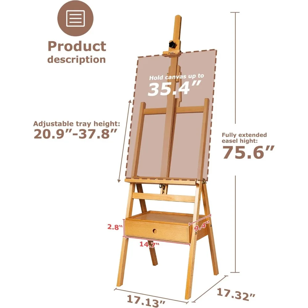 حامل كبير بإطار على شكل حرف H مع درج تخزين، ارتفاع 75 بوصة قابل للتعديل، حامل رسم من خشب الزان الصلب للطلاب البالغين #2