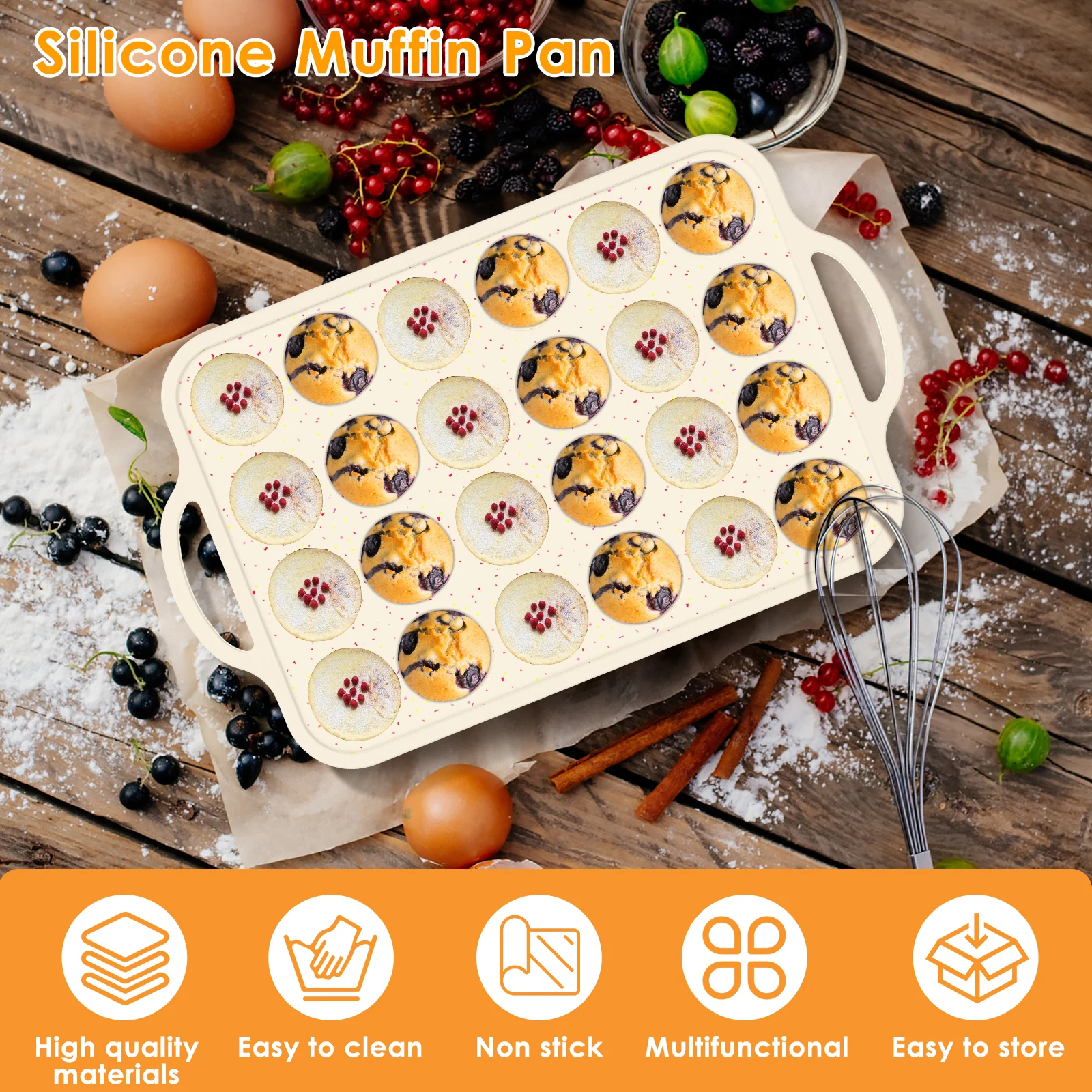 24 Cups Mini Muffin Pan Metal Reinforced Frame Mini Cupcake Pans Nonstick Mini Muffin Silicone Molds with Handle for Baking