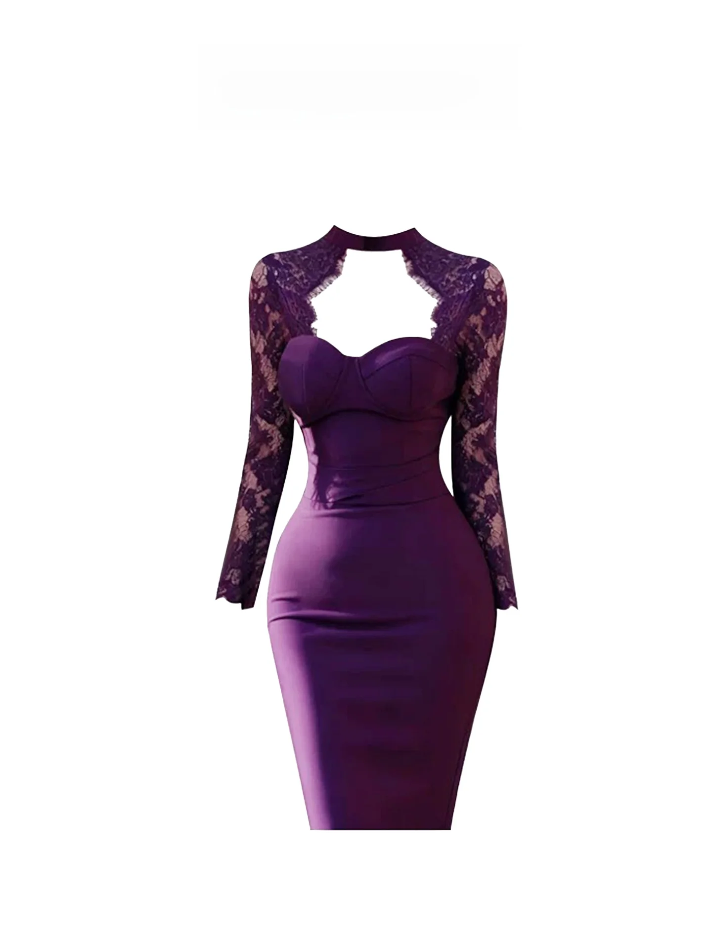 

HEZA Purple Lace Off-oulder Dr Women's Winter Sexy Spicy Inner Wear plus Size Bodycon Skirt Polyester Fiber Long Sve