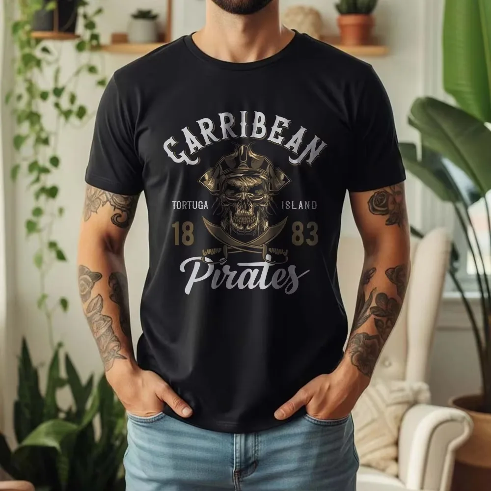 2026 Men Vintage Caribbean Pirate Graphic T Shirt Retro Skull Sword Print Short Sleeve Streetwear Tee Tops