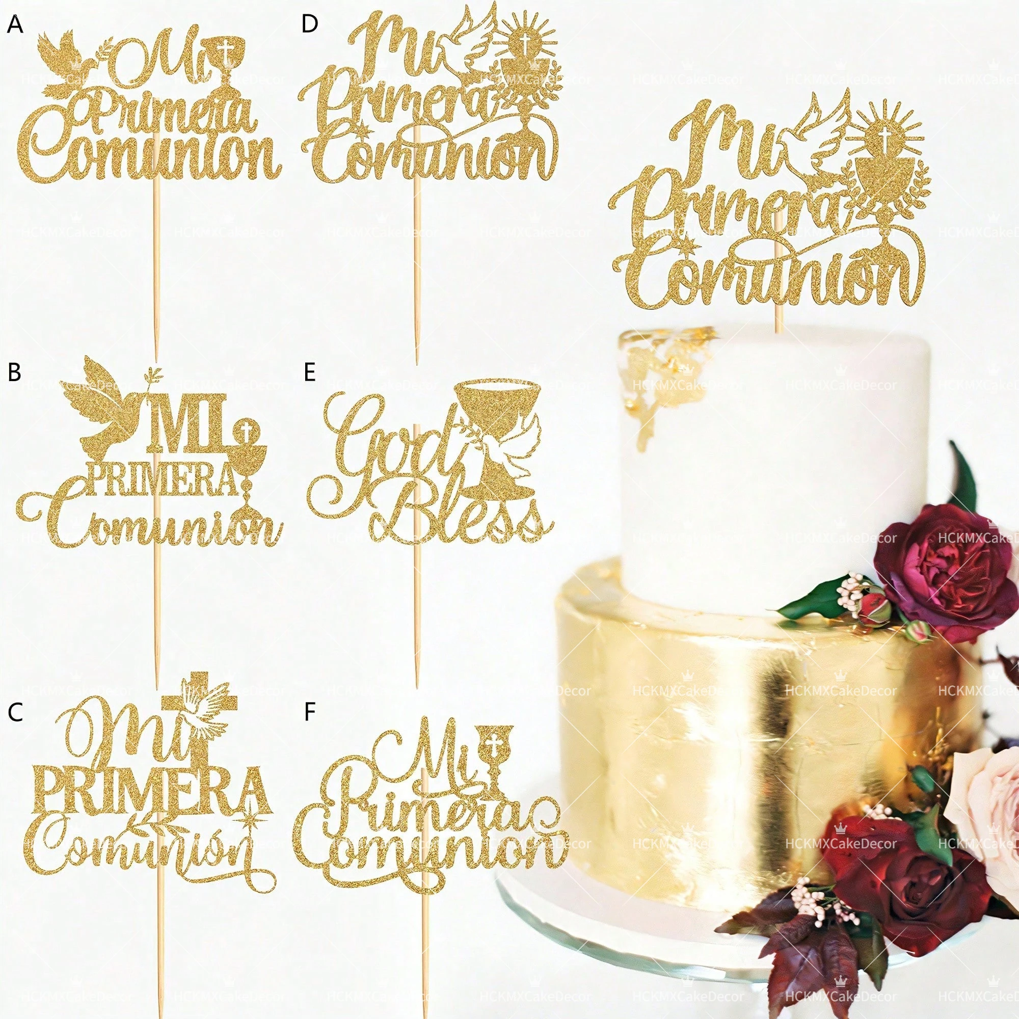 3pcs Mi Primera Comunión Cake Topper Gold Glitter Cross & Chalice First Holy Communion Party Decorations Supplies