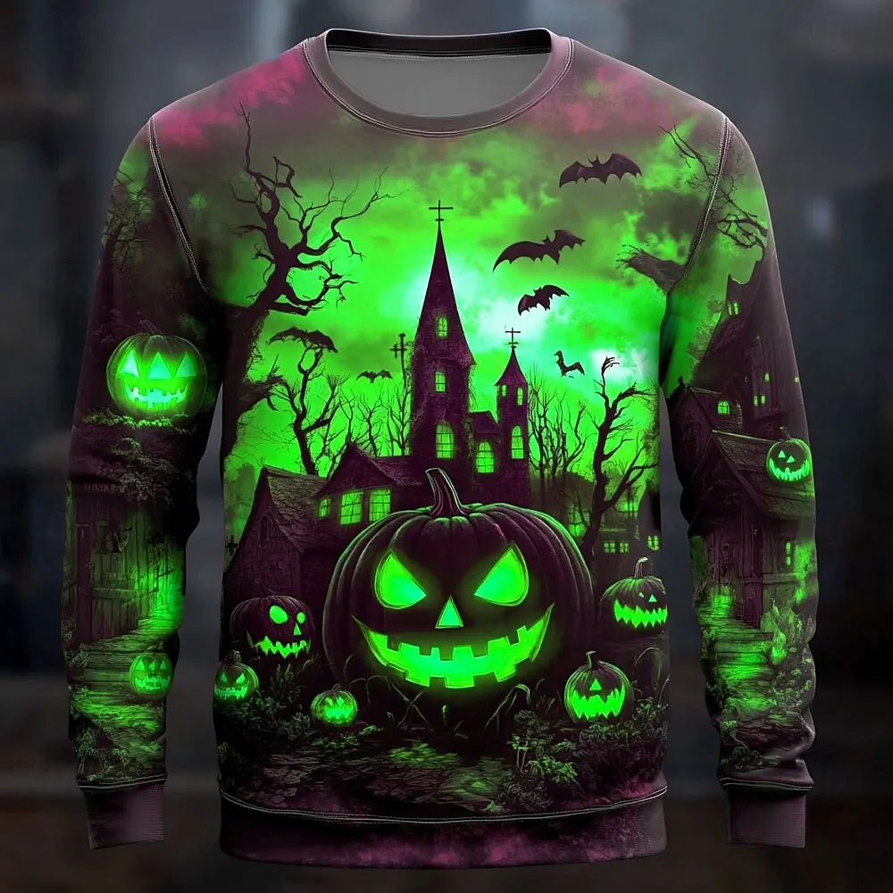3D Halloween Theme Pumpkin Cemetery Men's Casual Hoodie Sweatshirt Fall Winter Round Neck Pullover Long Sleeve Trendy Streetwear