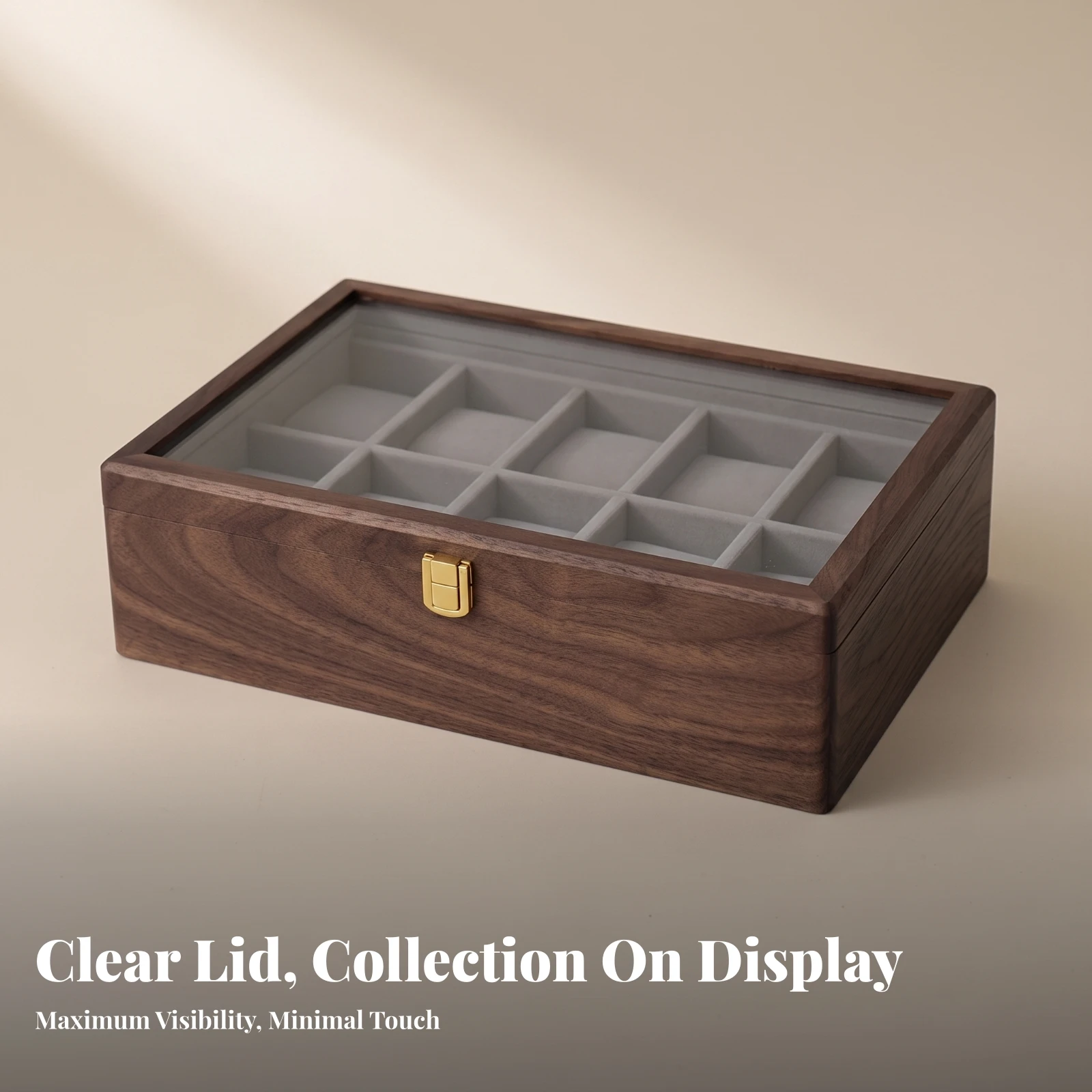 Watch Display Box with Glass Lid Walnut Watch Box with Glass Lid Transparent Dust-Resistant for Collectors, Dresser