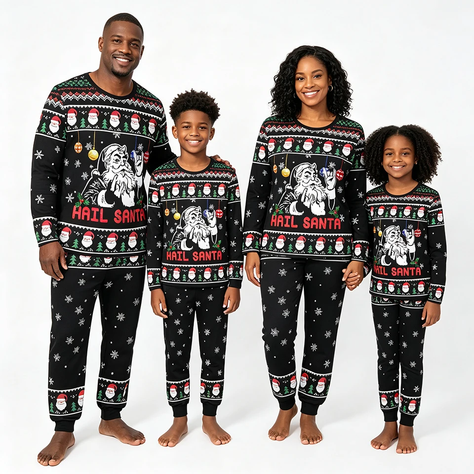 Black Letter Santa Claus Print Family Matching Christmas Pajamas Set Men Women Boys Girls Vintage Loungewear Couple Home Wear