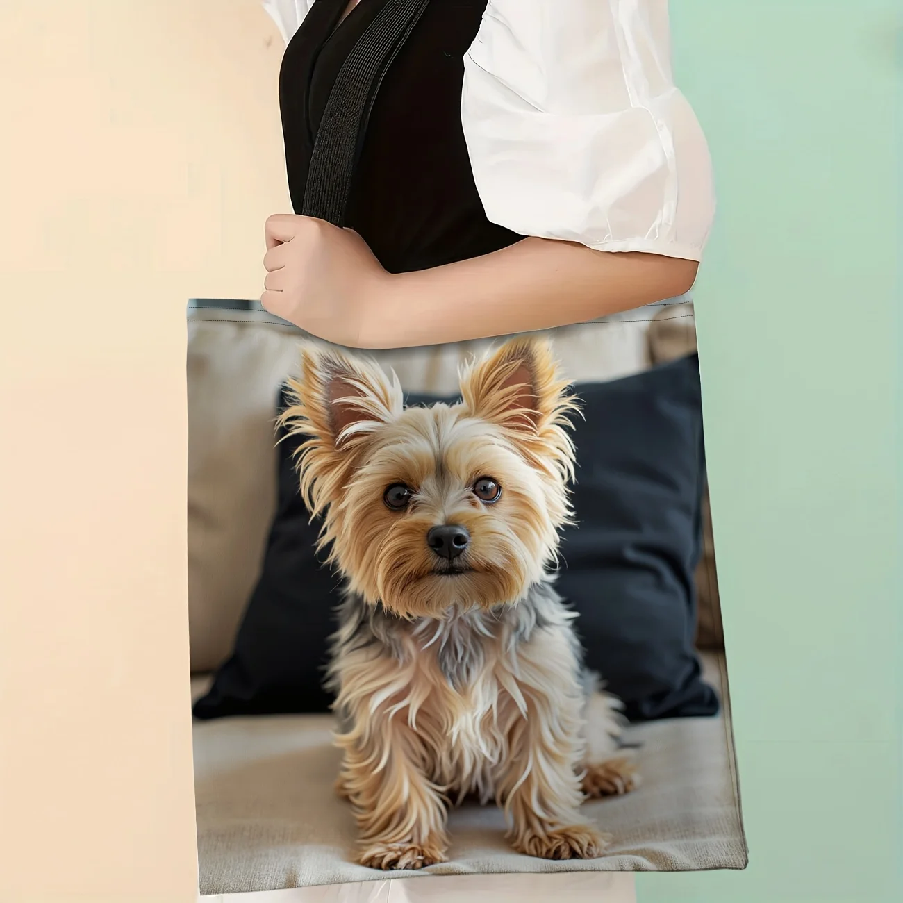1 Stück schicke Einkaufstasche mit Hunde-Aufdruck, Polyester-Einkaufstasche mit bezauberndem Yorkie-Design, wiederverwendbar für Damen, lässige Schultertasche – Detail 3