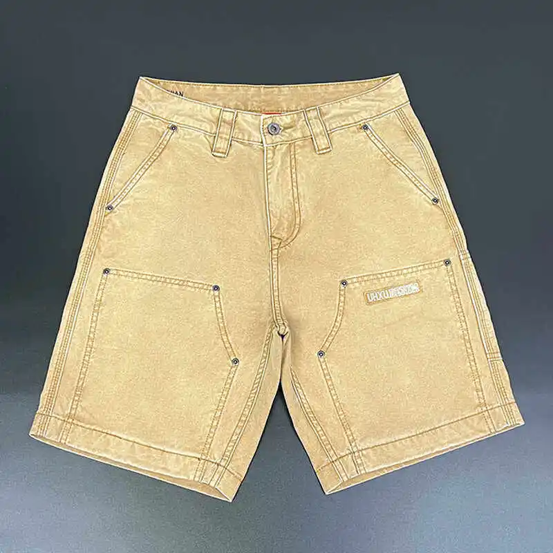 

European-style High-end Trendy Khaki Work Shorts for Men Summer 100% Cotton Straight-leg Patchwork Loose-fit Knee Length Pants