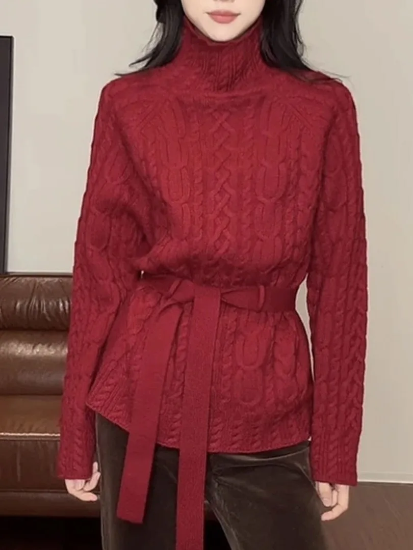 

Korean Sle Thiened Trendy Sweater Loose High Collar Knitted Wear Outerwear Autumn Winter Faionable Belted Women's Top