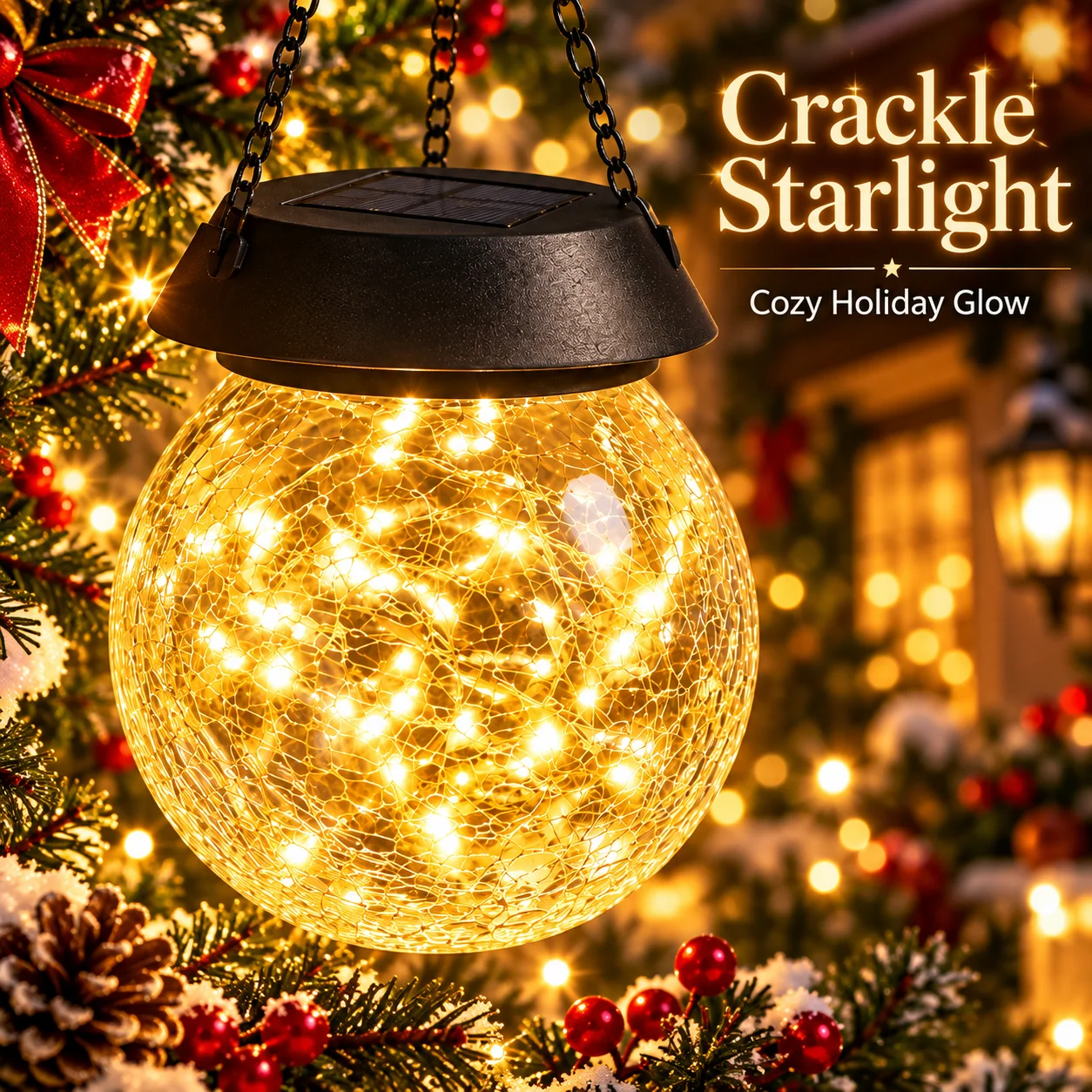 Christmas Lights Solar Crackle Ball String Lights Warm White LED Globe Fairy Lights Auto On at Night for Garden Patio Yard Decor