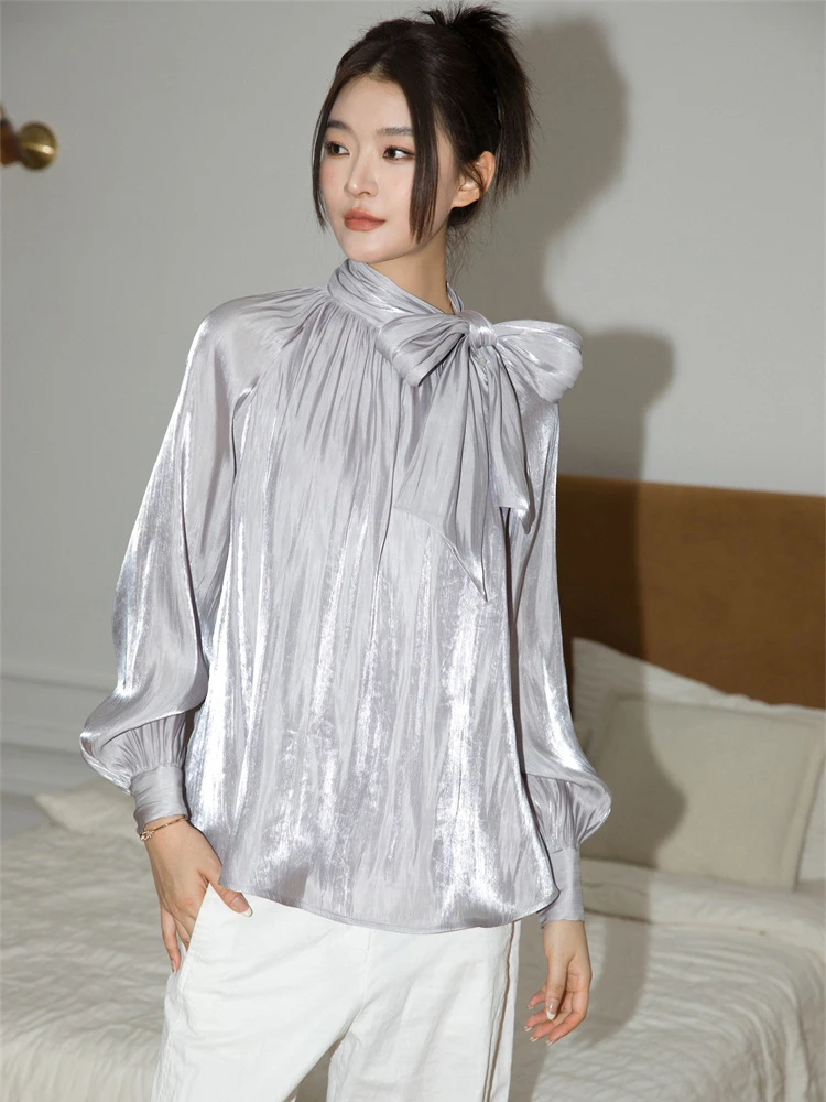 CHEERART Glitter Silver Lantern Sleeve Pleated Top And Blouse Women Fall Fashion 2023 Bow Tie Neck Designer Top Clothing