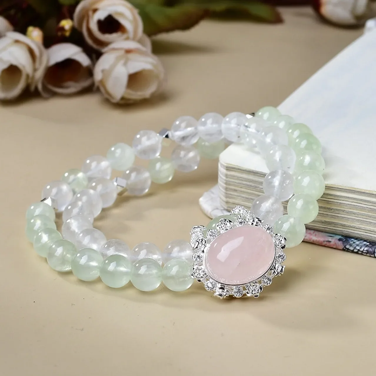 

Natural Aquamarine White Crystal Double Circle Bracelet, Women's Fresh and Fashionable Light Luxury Bracelet, Girls Gift