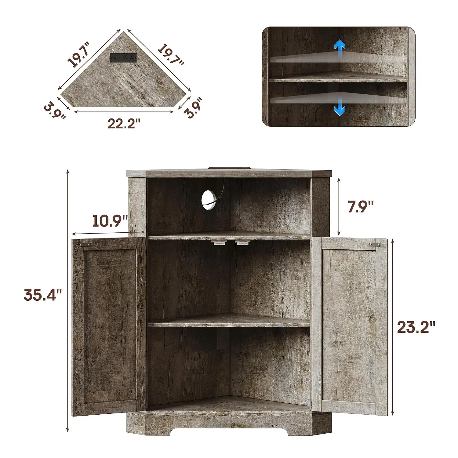 Corner Cabinet with Charging Station Grey Small Storage Barn Doors Adjustable Shelves Living Room Bathroom Kitchen, Customized