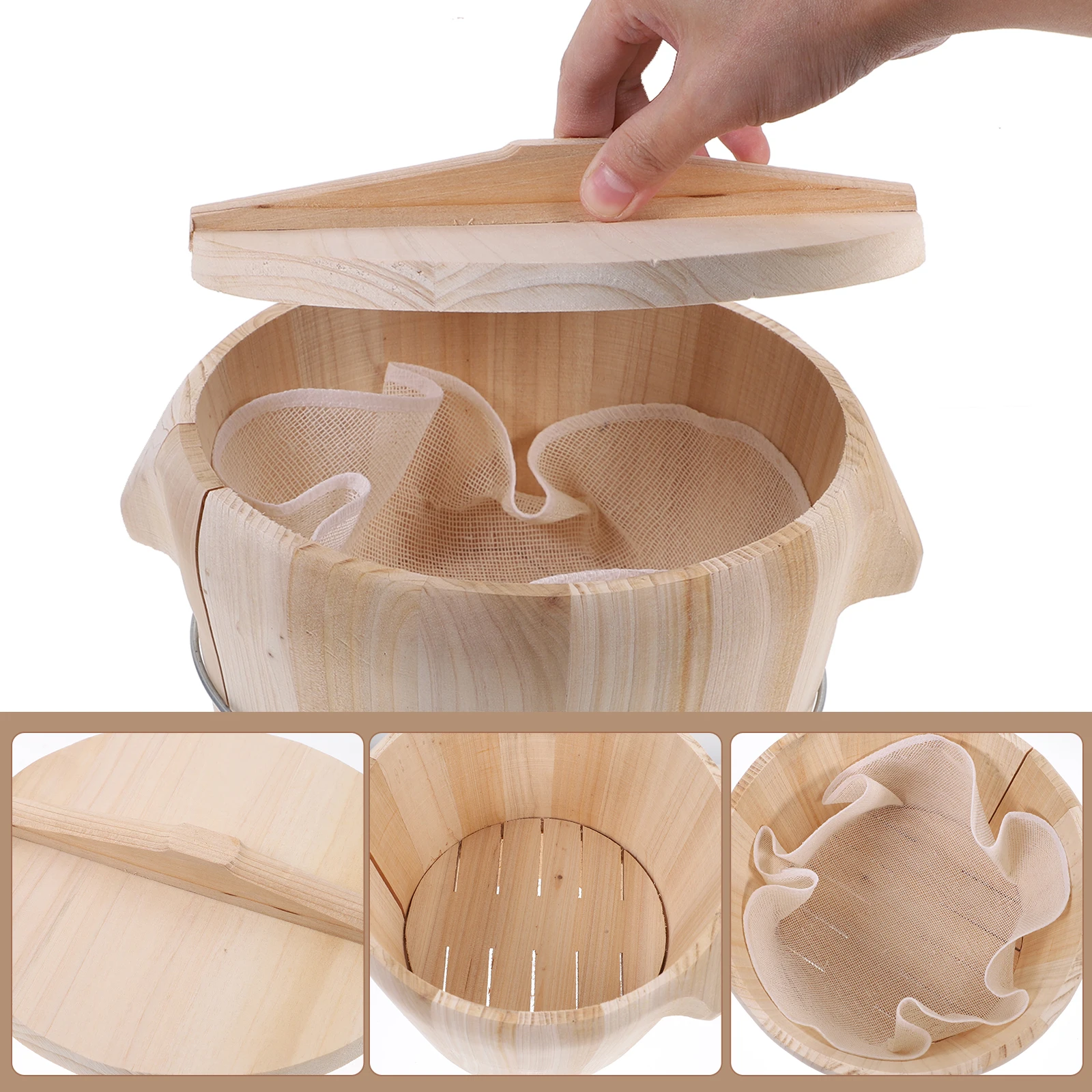 

1 Set Wooden Steamed Rice Bucket Natural Chinese Wood Even Cooking Food Safe Smooth Movable Bottom Integrated Handles