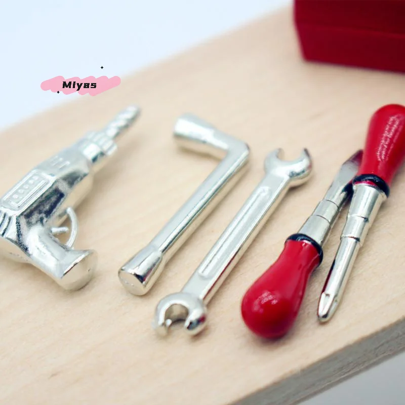 Miniature Dollhouse Drill Repair Tool Set - 5-Piece Wrench Set for Kids Pretend Play Doll House Decor Model Accessories