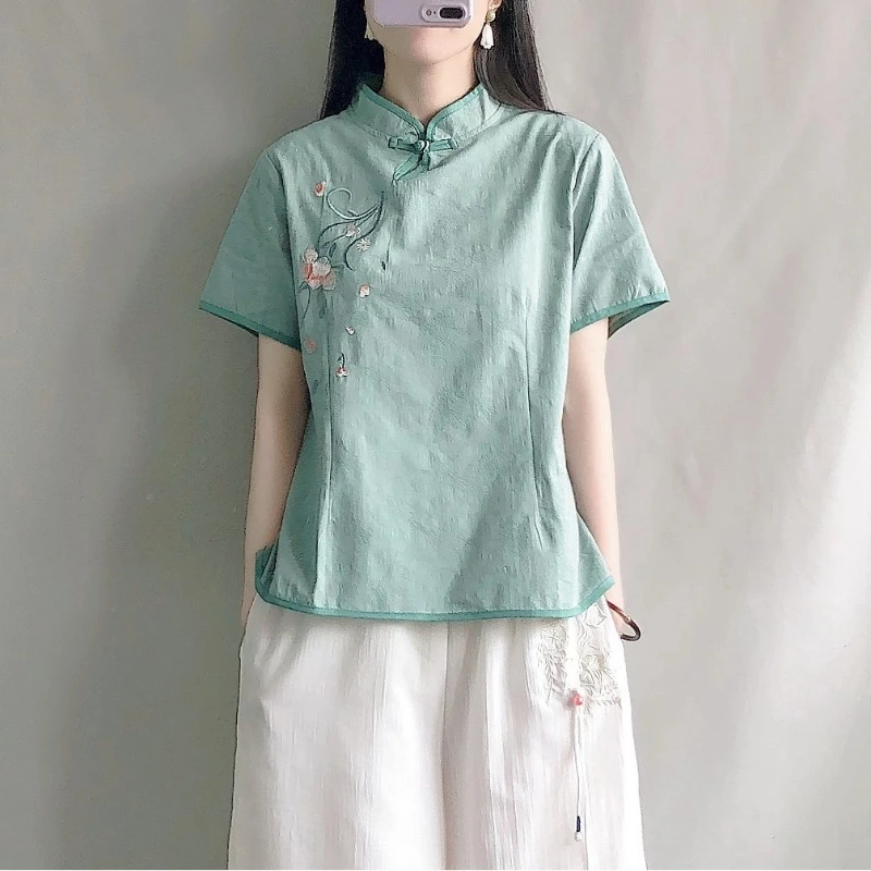 

Elegant Vintage Jacquard Cotton Linen Shirt Chinese Zen Collar Buttoned Short Sleeve Tea Dress for Women JJ161