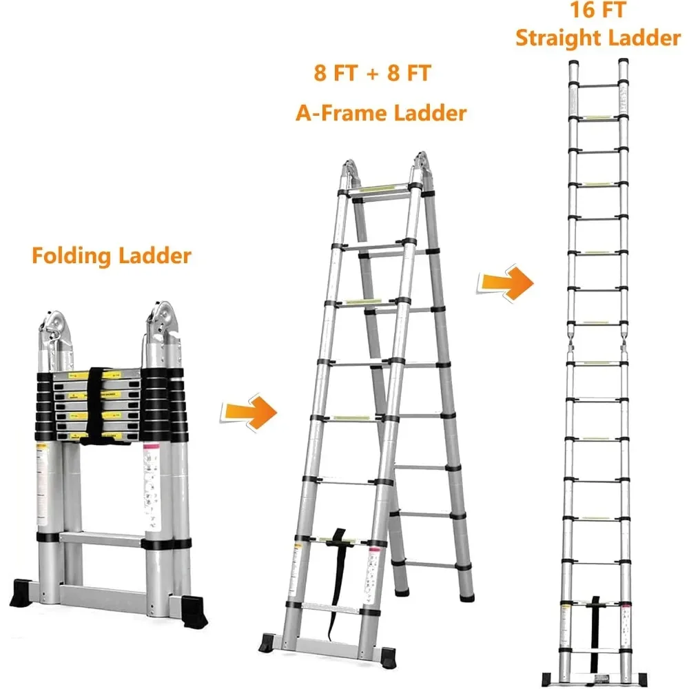Telescoping Ladder 16 FT A Frame Aluminum Extension Ladder, Lightweight RV Ladder with Stabilizer Bar, Multi-Purpose Collapsible