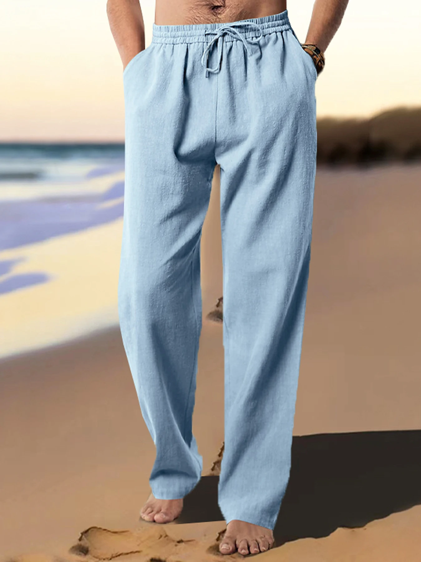 

Men's Cotton Linen Pants Casual Loose Straight Pants Lightweight Drawstring Beach Trousers Mens Trousers