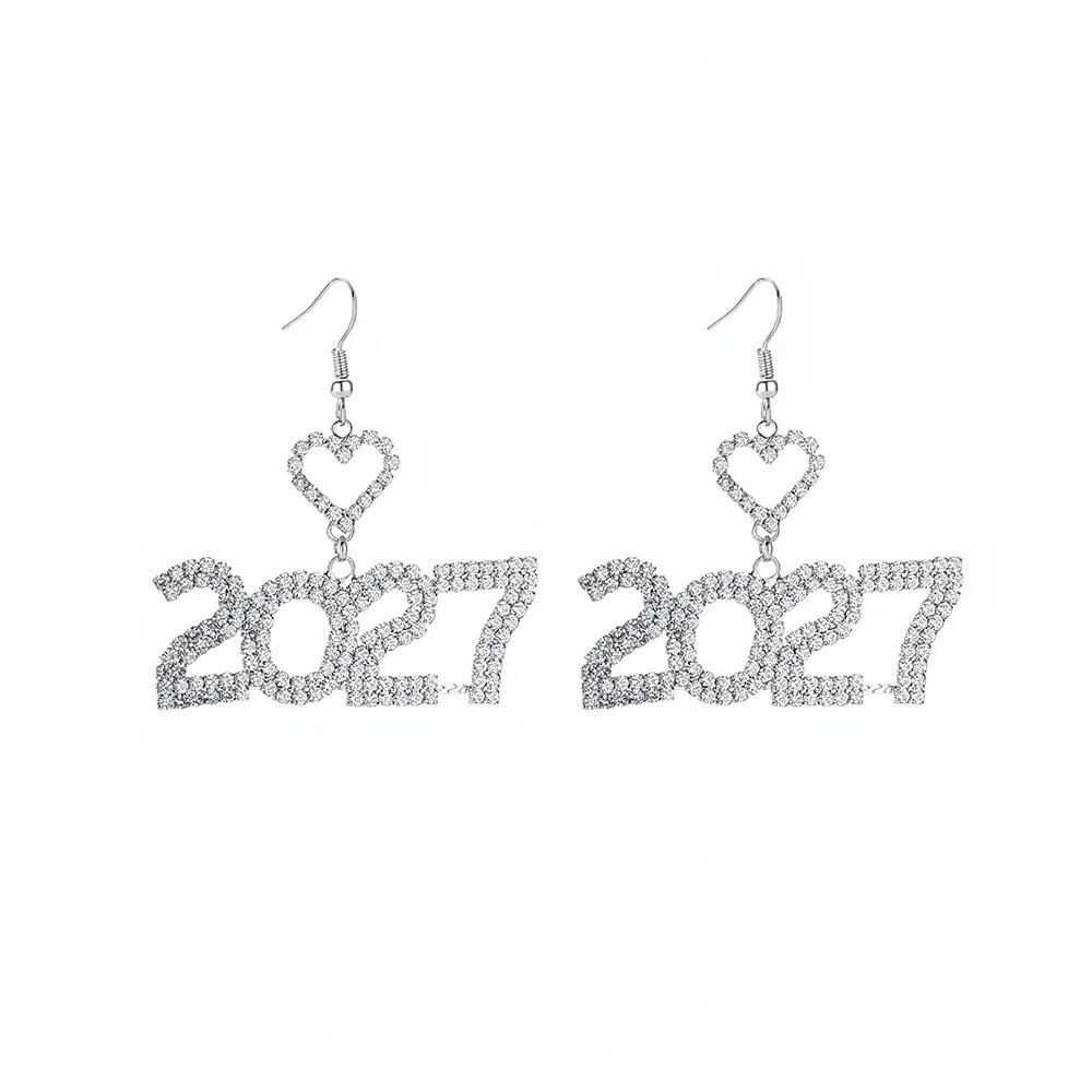 Jewelry Elegant 2027 Digital Earrings Rhinestone Long Drop Happy New Year Earrings Shiny Fashion Stud Earrings Christmas
