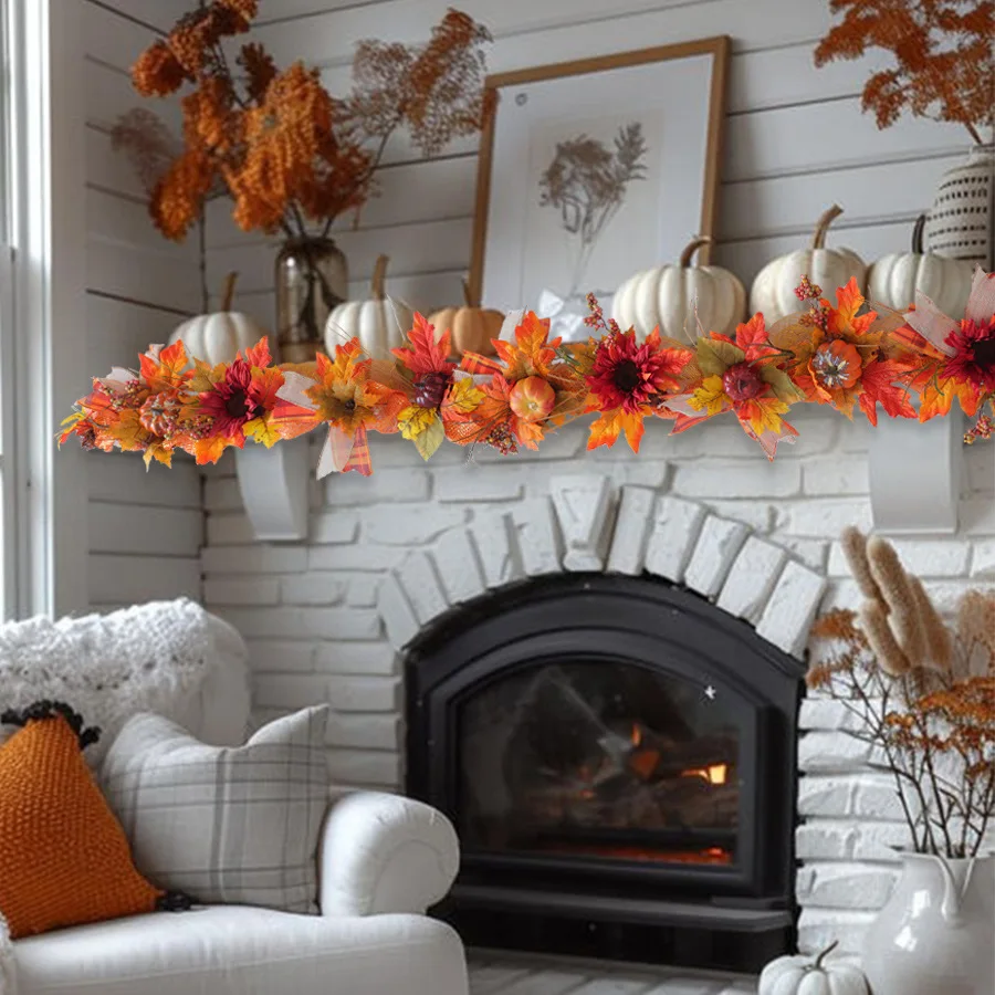 Cross-border wholesale rattan upside-down tree, new autumn color sun wreath style mesh pumpkin pine cone, Europe and America view 2