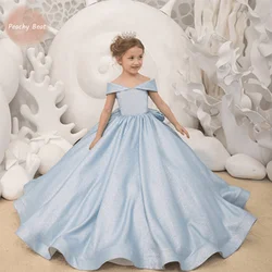 Baby Girl Princess Blue Bow Dress Infant Toddler Child elegante Shoulderless Vestido Birthday Party Summer Baby Clothes 18M-14Y