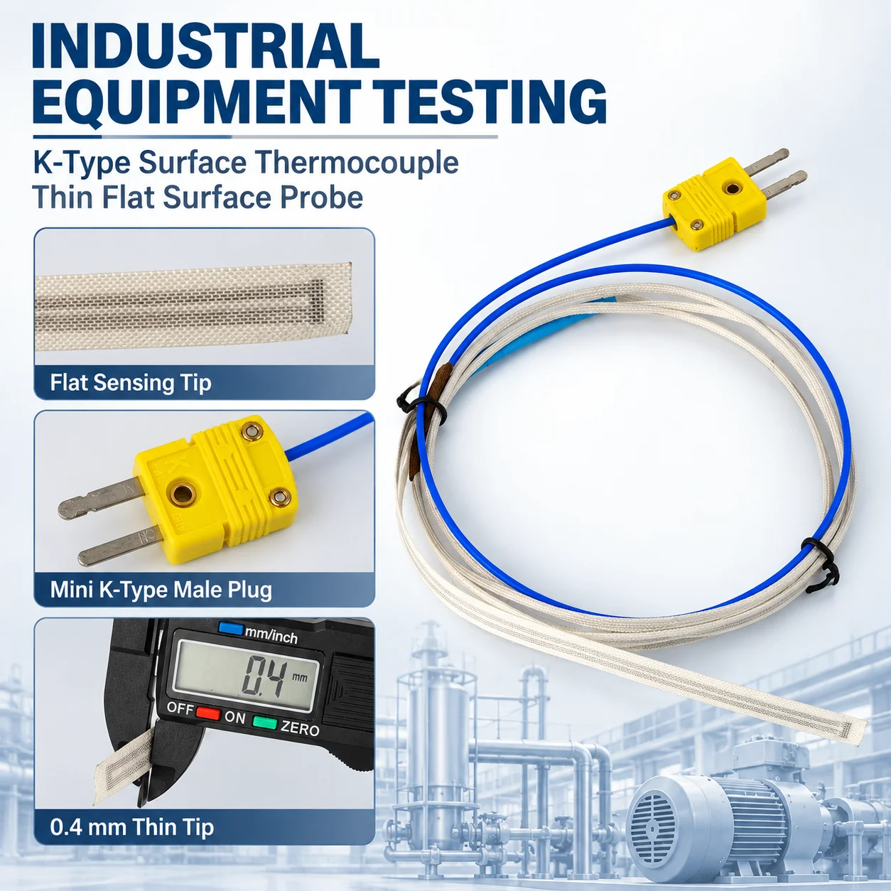 K Type Thin Flat Thermocouple Probe 0.4mm Thin Flat Sensing Tip Surface Temperature Sensor Mini Male Plug for Laboratory Test