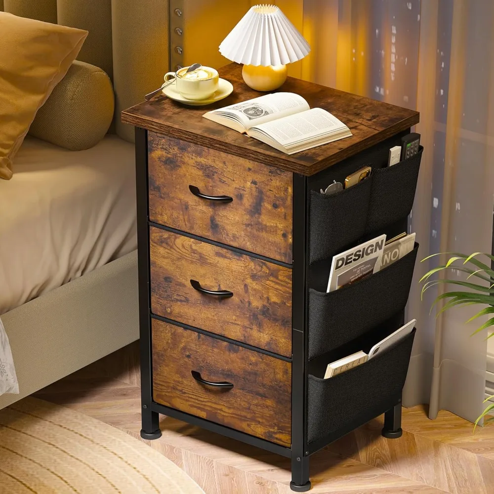 

Nightstand with 3 Drawers, Night Stand for Bedroom, Bedside Table with Wooden Top, Sturdy Steel Frame End Table, Small Dresser