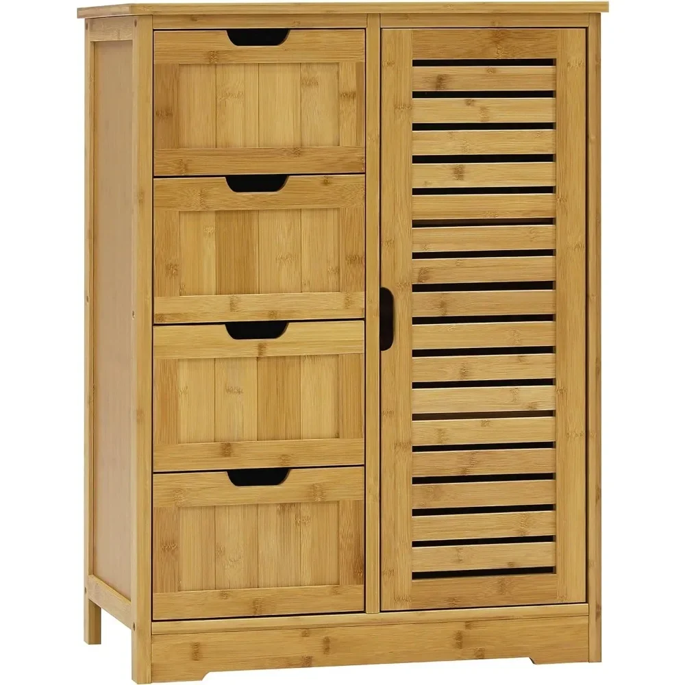 Small Storage Cabinet Bamboo with 4 Drawers and 1 Cupboard, Freestanding Compact Floor Towel Cabinet Bamboo for Laundry Room