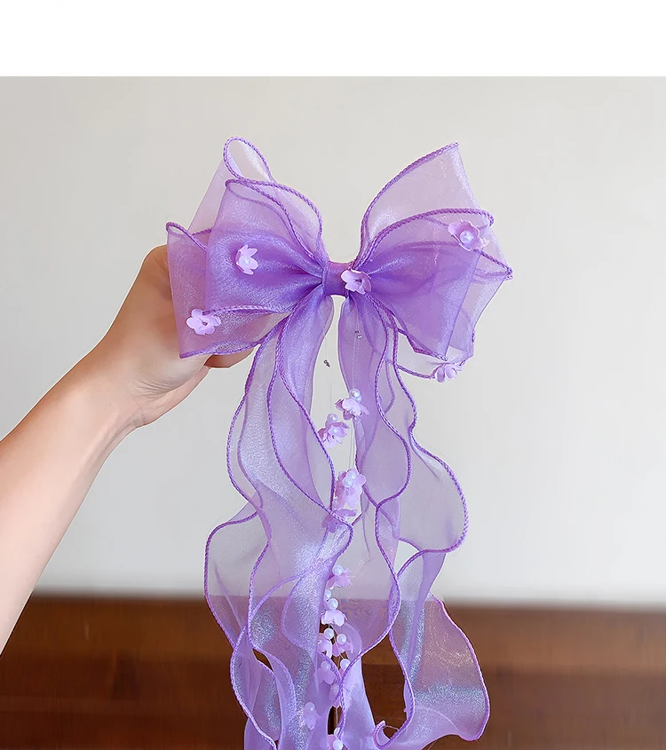 Niedliche Prinzessinnen-Tüll-Haarspangen mit Schleife für Mädchen, Lange Bandverzierungen, Blumen-Dekor Haarklammern für Kleinkinder und Kinder, Süße Haaraccessoires – Detail 7