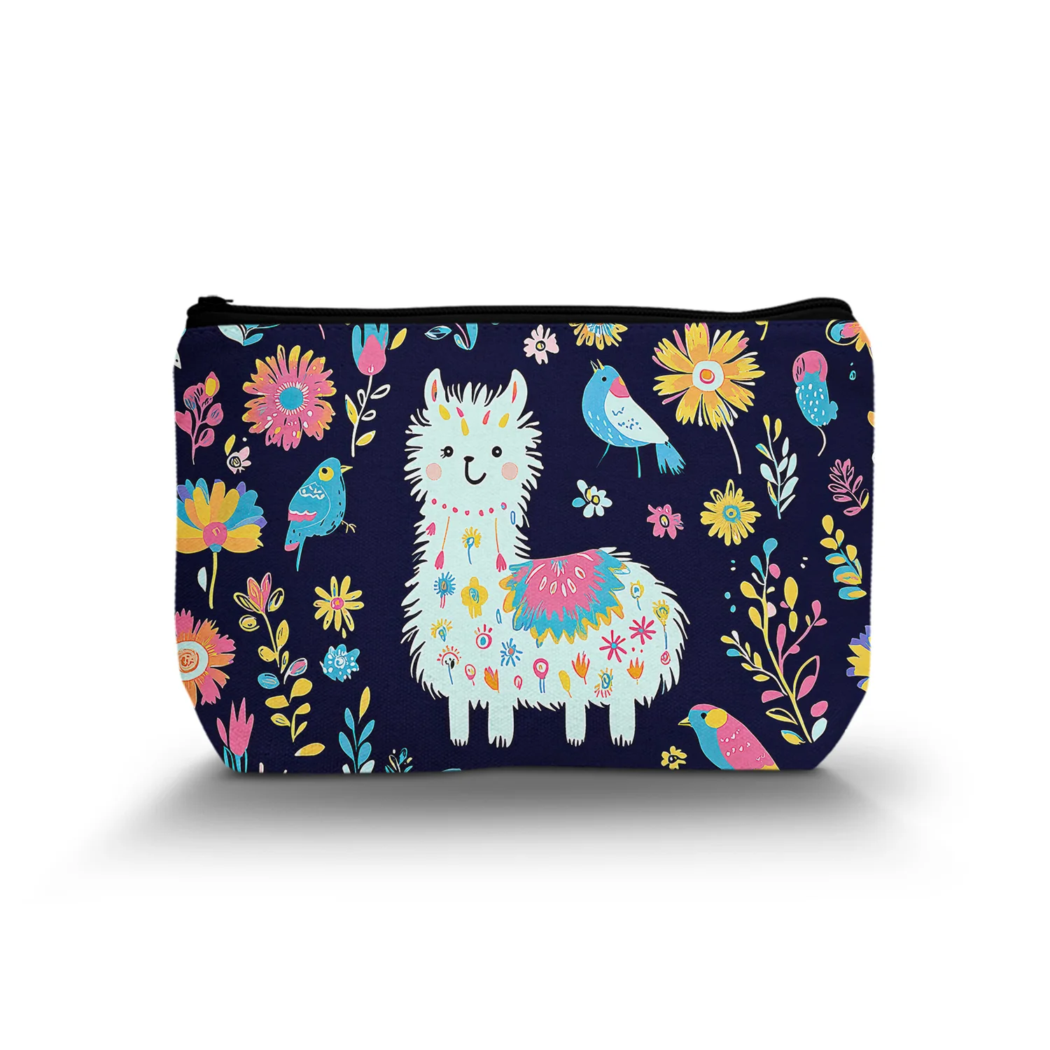 1Pc Alpaca Makeup Bag Abstract Cartoon Art Style Funny Tropical Plants Animal Black Background Cosmetic Bags