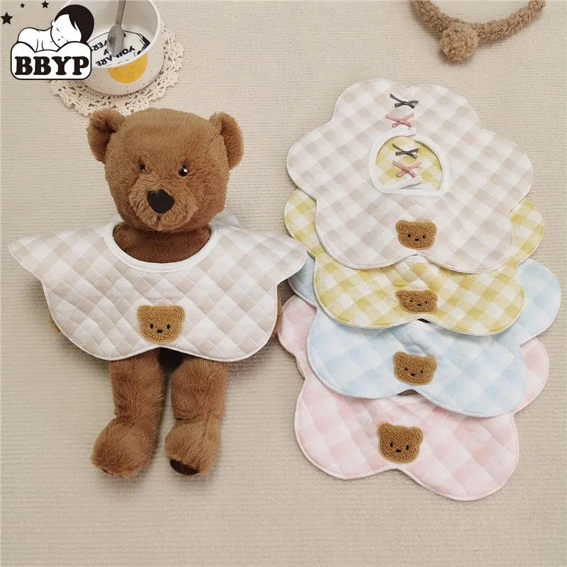 360 Degree Rotation Burp Cloth Cartoon Bear Baby Flower Shape Feeding Bibs Pure Cotton Saliva Towel Breathable Waterproof