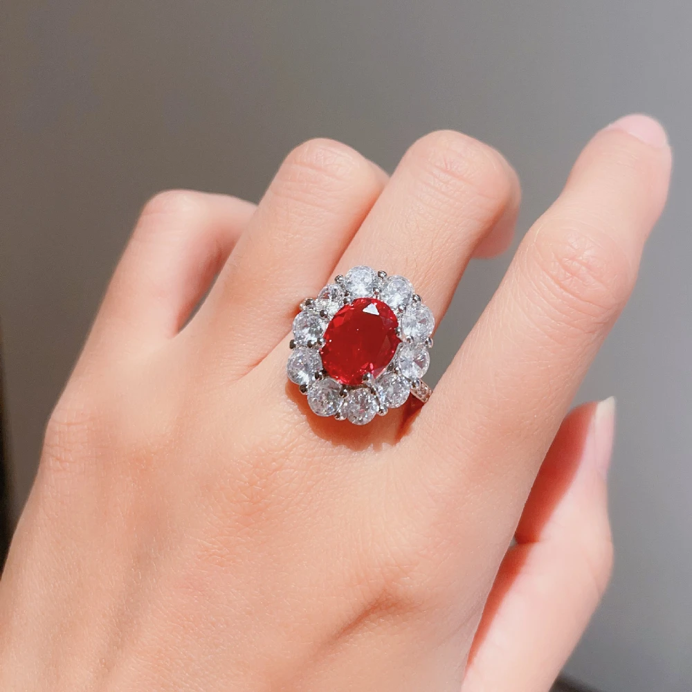 Silver‑Tone Halo Ring for Women Oval Cut Red Zircon Crystal Flower Cluster Statement Ring Adjustable Open Band Party Wedding