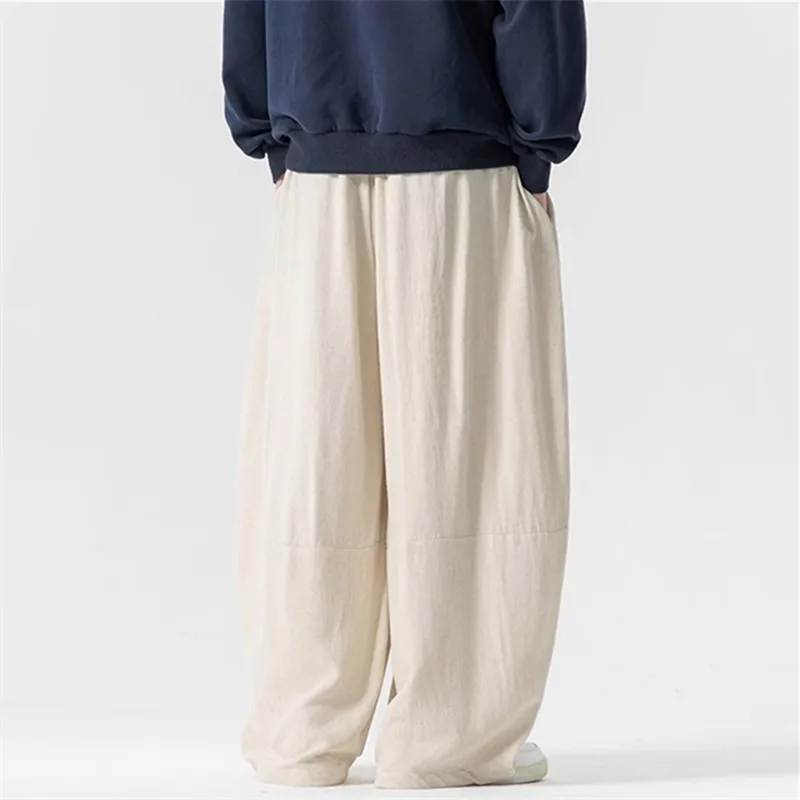 Autumn Winter New Chinese Style Wide Leg Pants Men Linen Straight Harem Pants Mens Solid Color Loose Casual Trousers Streetwear