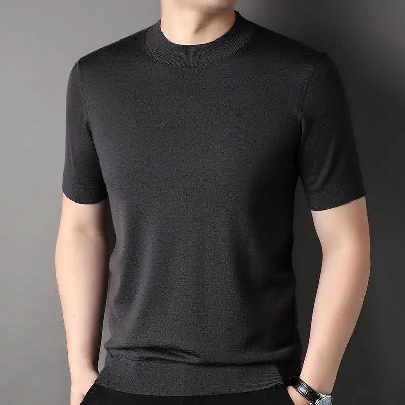 Worsted Mercerized Men Summer Short Sleeves T-shirt Versatile Fashion Male Clothing Half Turtleneck Casual Basic Knitted Tops