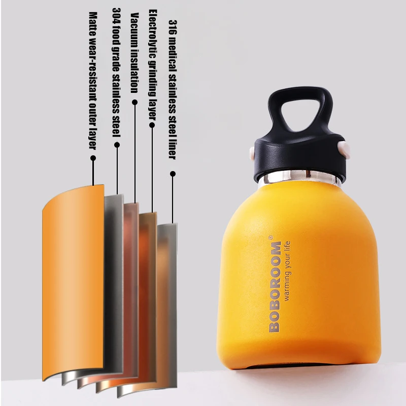 BOBOROOM Vacuum 316 Stainless Steel Thermos Mug Water Bottle 400ml Colorful Big Belly Cup No Screw Lid Outdoor Sports Cup