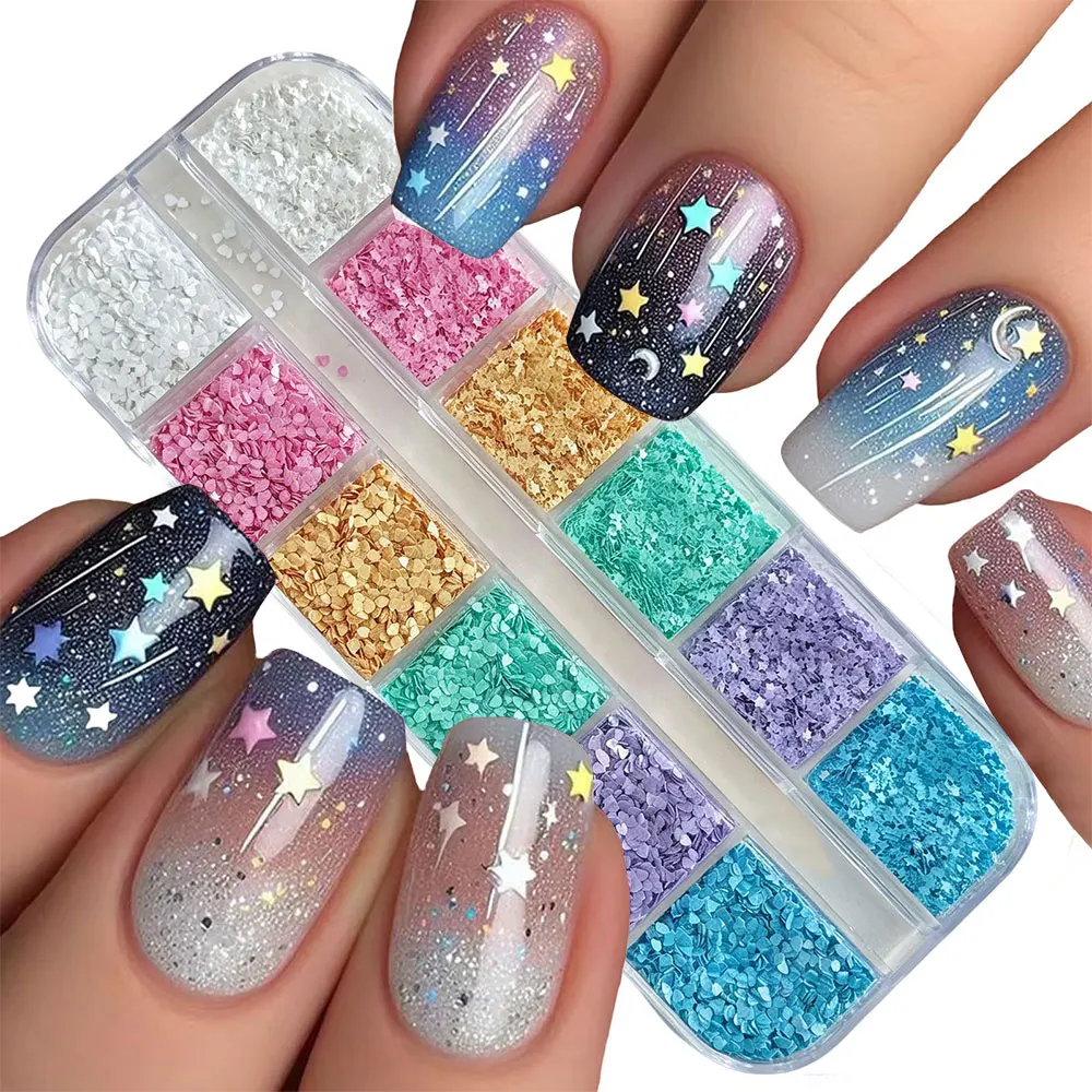 12grids Macaron Candy Color Mini Star & Heart Nail Sequins 1mm Cute Love Heart Nail Slices Charms Kawaii Nail Art Decoration ^k3