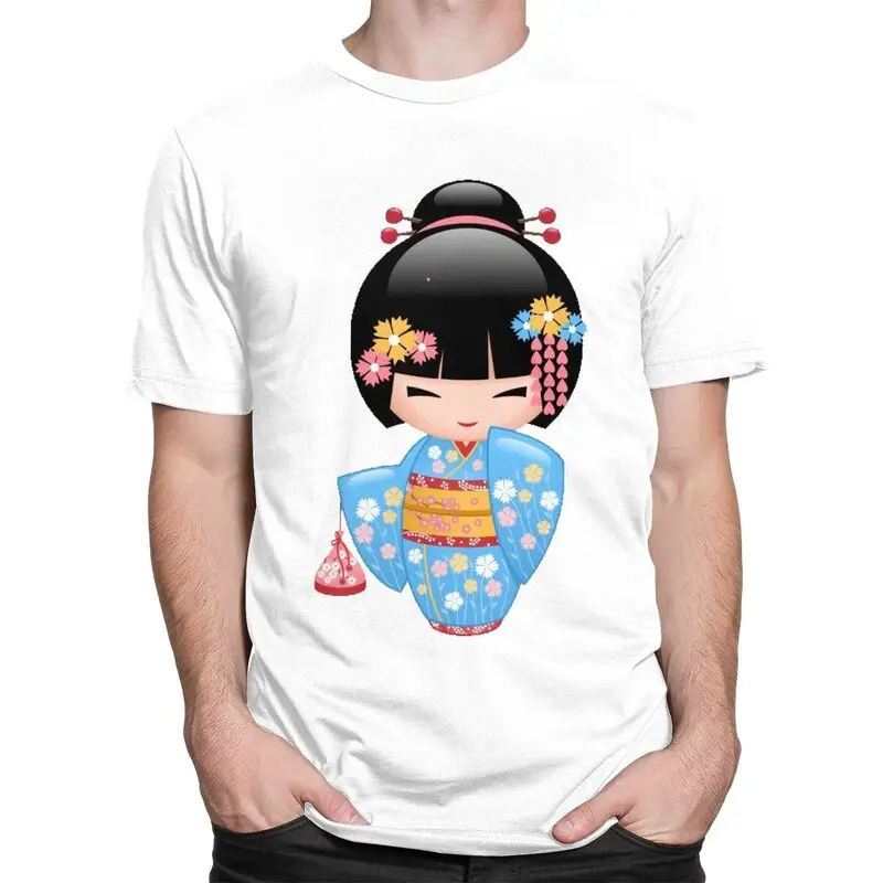 Custom Kokeshi Doll Tshirt for Men Short Sleeve Leisure T Shirt Japanese Kimono Geisha Girl T-shirt Loose Fit Pure Cotton Tee