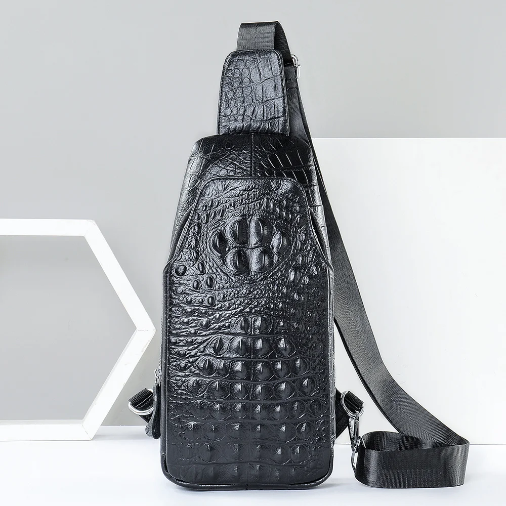 Sling Bag Men Crocodile Cowhide Chest Bags Anti-Theft Shoulder Bags Cell Phone Pocket Travel Cross Male Side Pouch Black