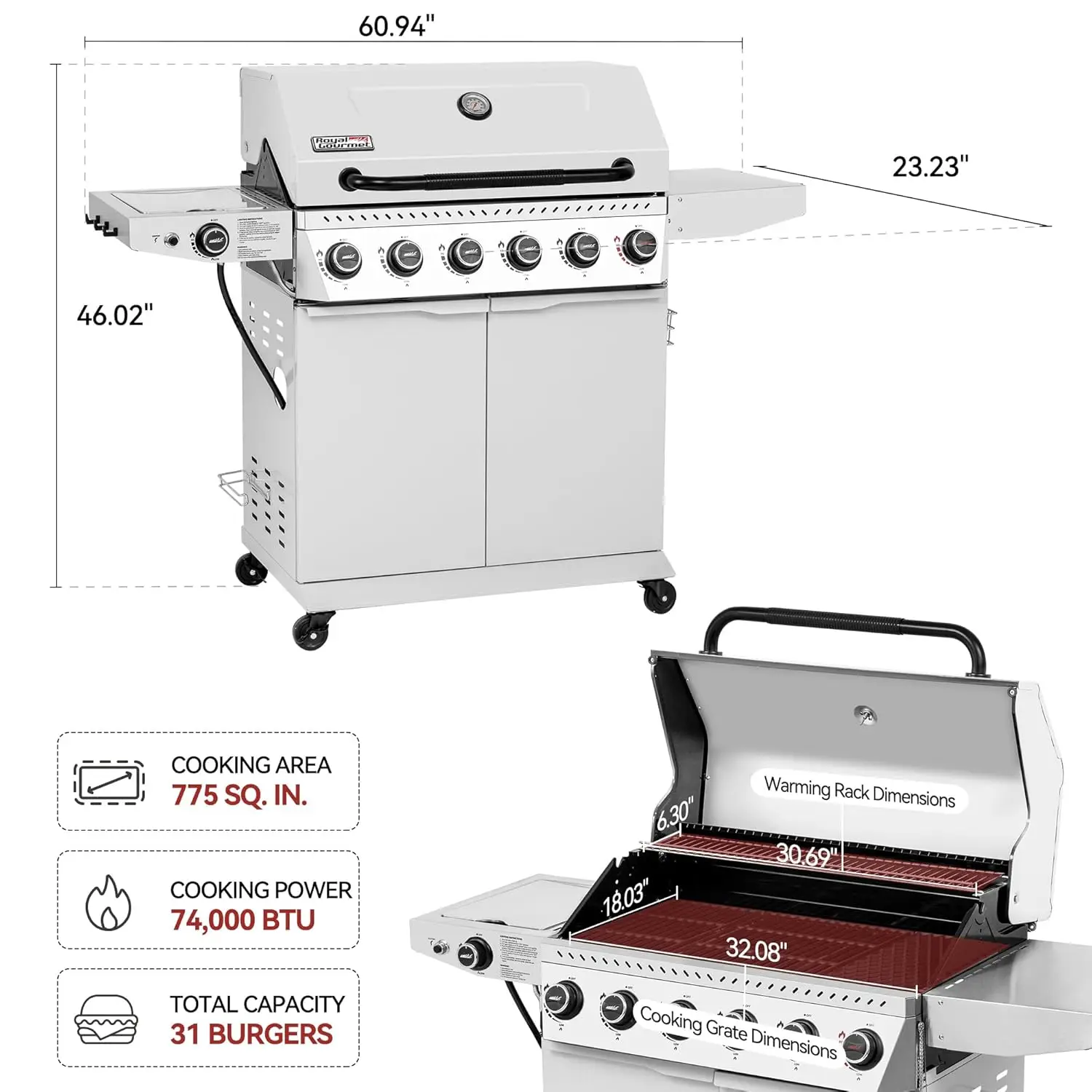 6 Burner Propane Gas Grill Sear Burner Side Burner 74000 BTU Foldable Shelf Storage Cabinet Outdoor Backyard Cooker
