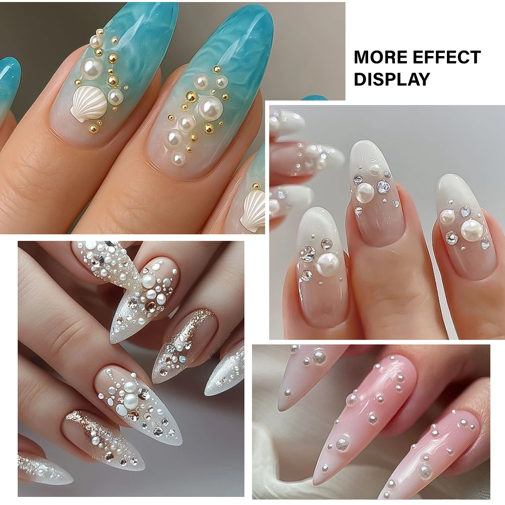 12 Grids Mixed White Pearls Clear Rhinestone for Nail Art Decoration 1.5-4mm Multi Size Half Round Pearls Manicure Accessories