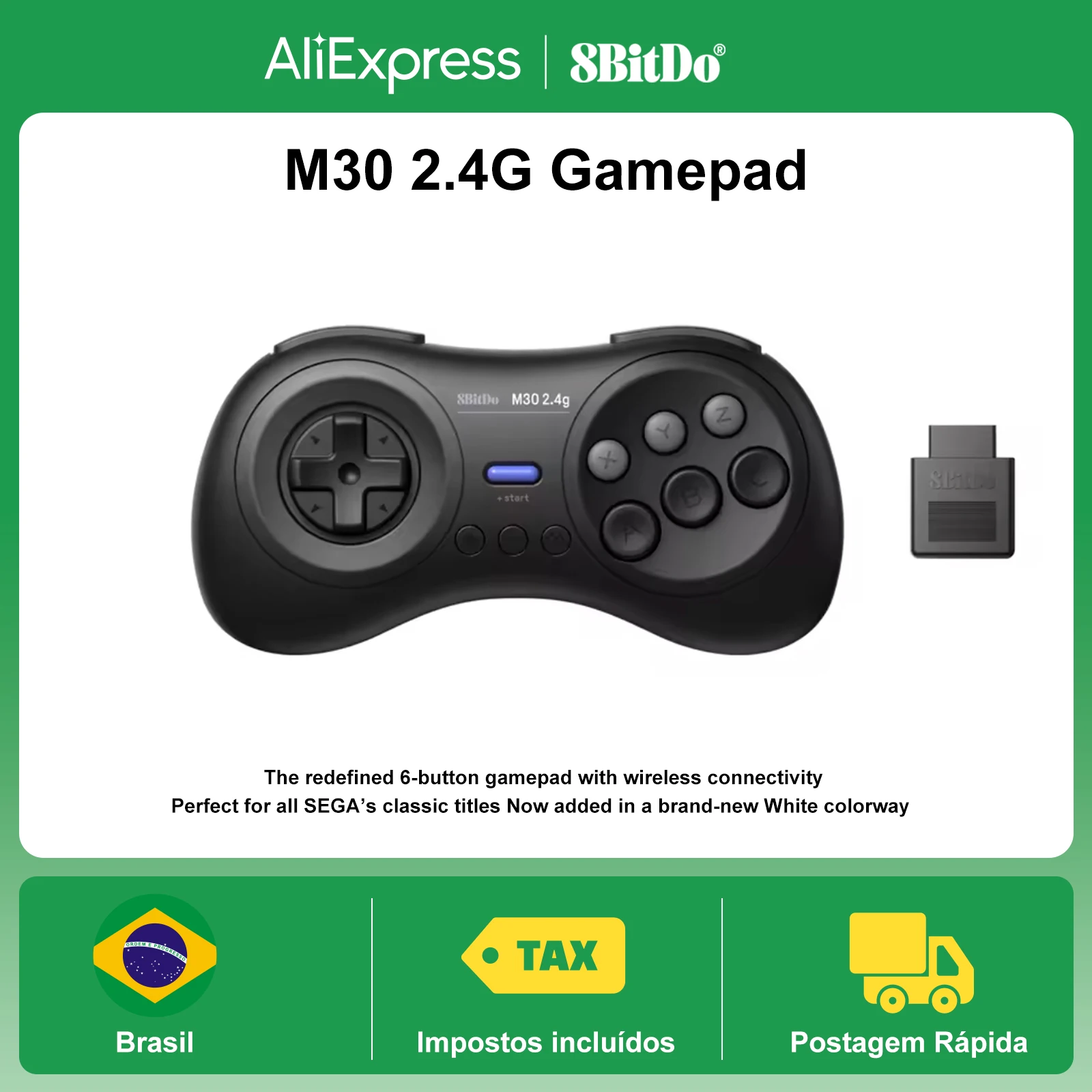Controlador de gamepad sem fio 8bitdo m30 2.4g para sega genesis original e sega mega drive-para controle de jogo sega genesis