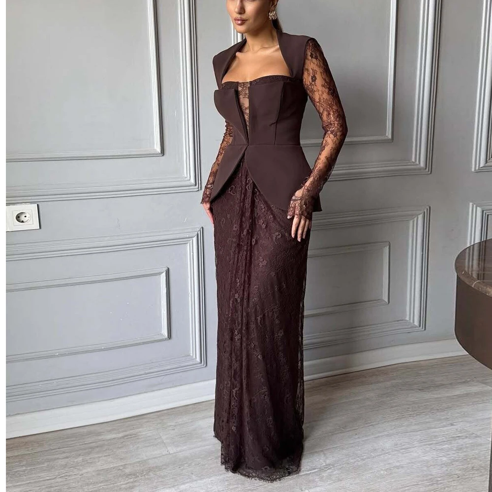 Customized Patchwork Evening Dress with Long Sleeve Square Neck Lace Soft Dresses for Women Peplum Dress for Wedding Guest