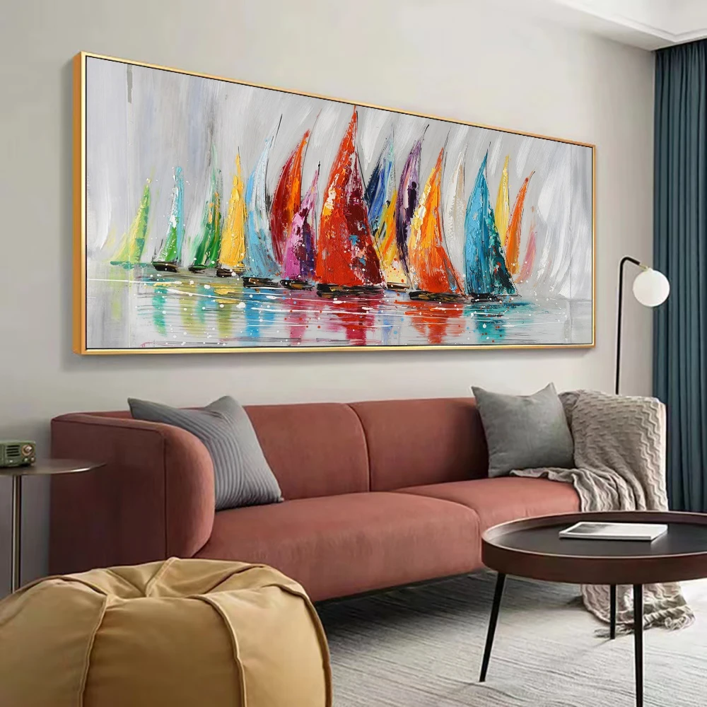 Imagem -05 - Colorido Barco à Vela Pintura a Óleo 100 Pintados à Mão Canoa Quadros a Óleo da Lona Grande Tamanho Arte da Parede para Moderna Sala de Estar Decoração