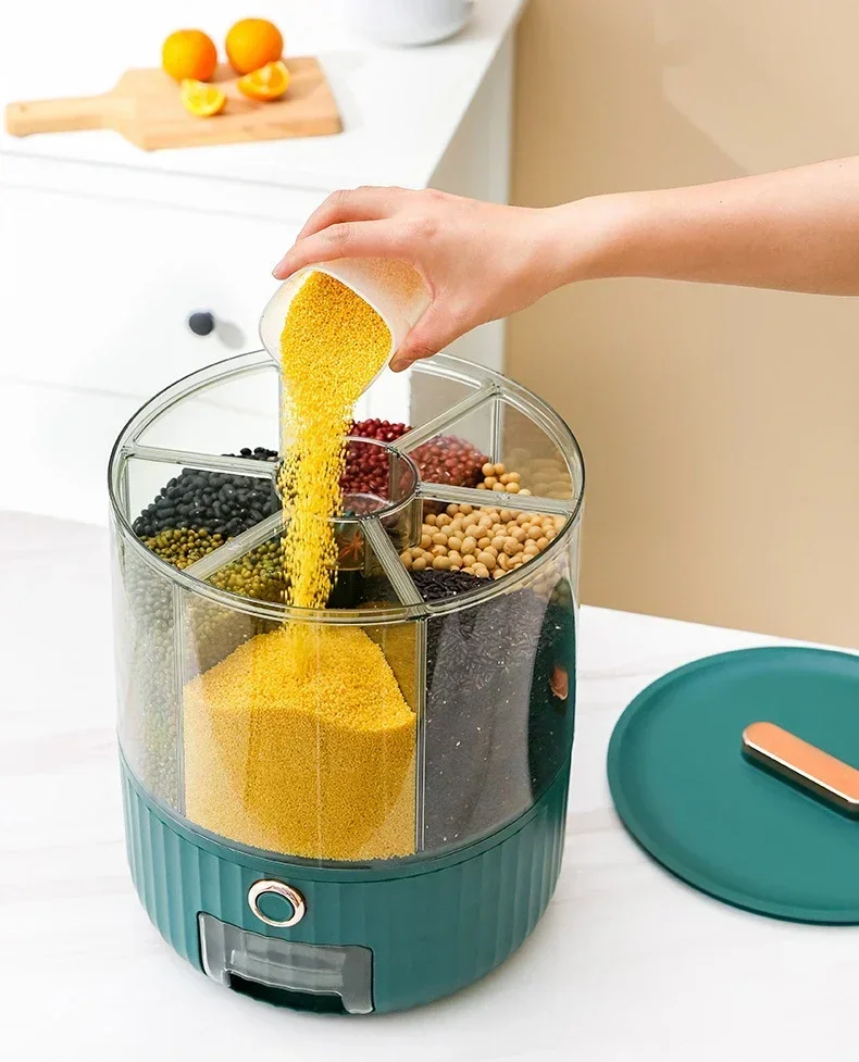 Kitchen Storage Box 360 Degree Rotating Rice Dispenser Sealed Dry Cereal Grain Bucket Dispenser Moisture-proof Food Container