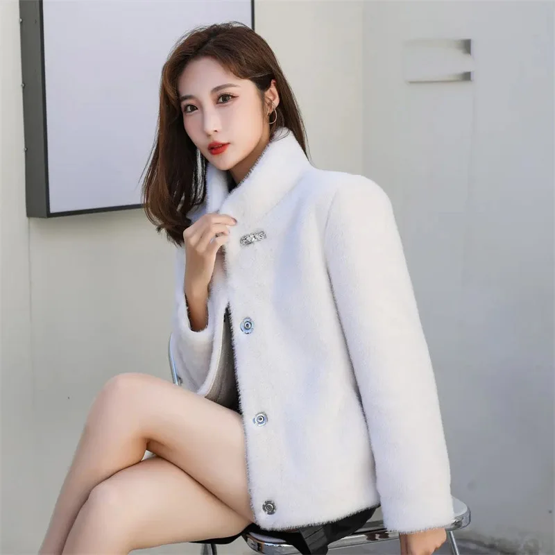 Female Long Sleeves Fox Fur Jacket Spring Autumn Lady Leather Fur Outwear 2024 Women Solid Color Stand Collar Mink Fur Fur Coat