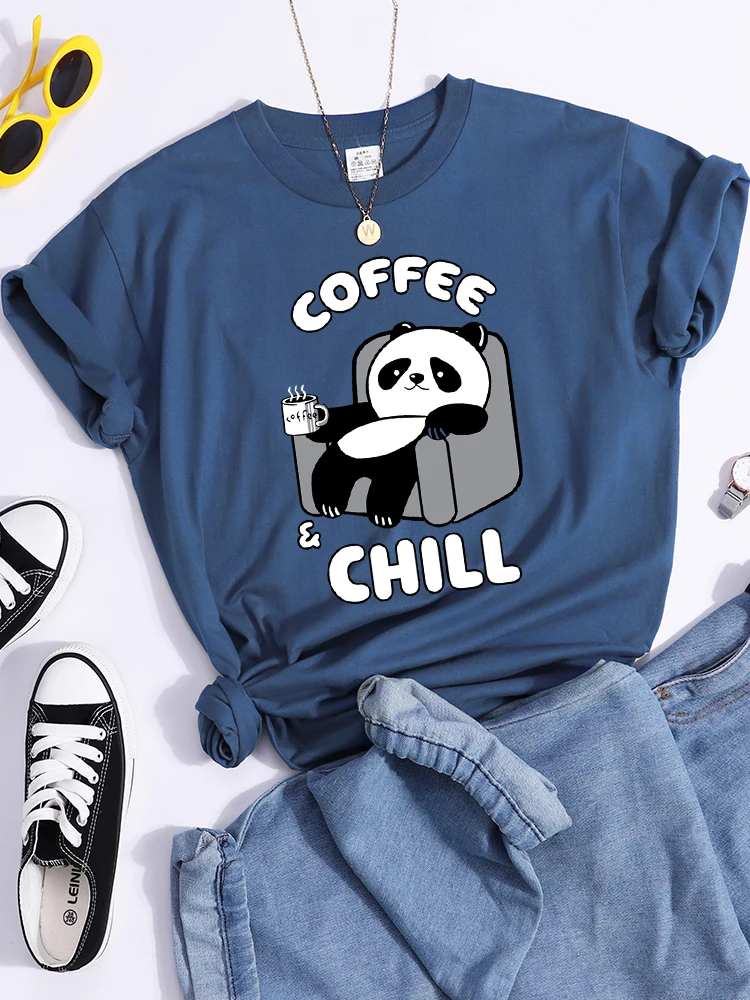 Coffee And Chill Kawaii Panda T Shirts Female Street Creativity T-Shirt Soft Casual Tee Clothes Hip Hop Cool Crop Top Women