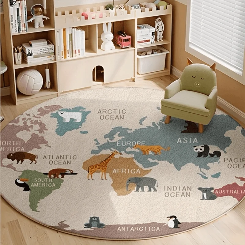 Kids World Map Rug Plush Play Mat Educational Geography Animal Prints Learning Floor Mat for Nursery Classroom Decor