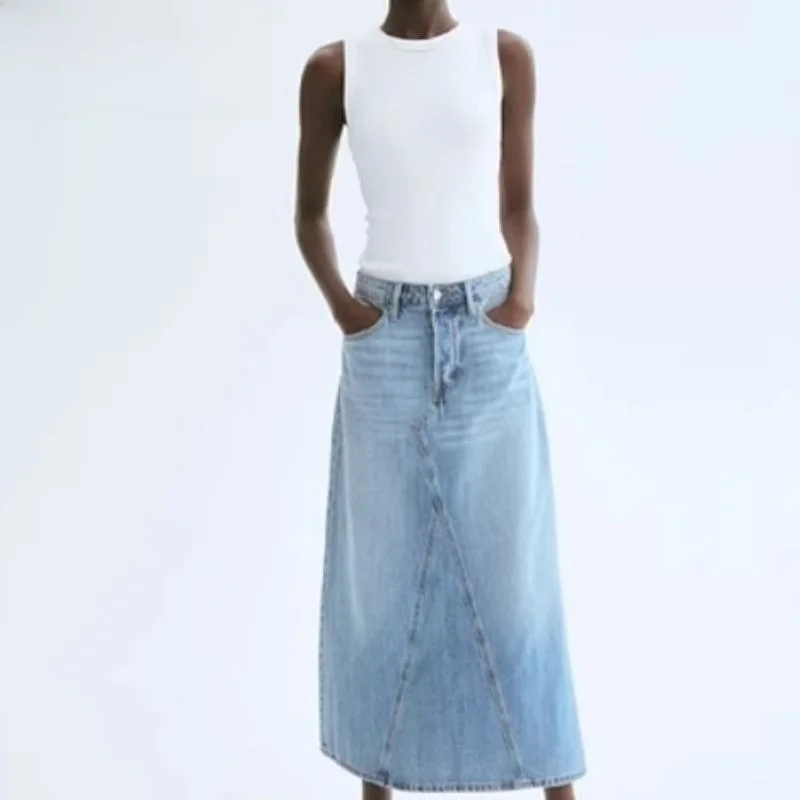 Faionable Casual A-Line Denim Skirt Women's Mid-Waist Stand Fit Tee-Vinyl Fiber No Brand Pure Color Summer 2025